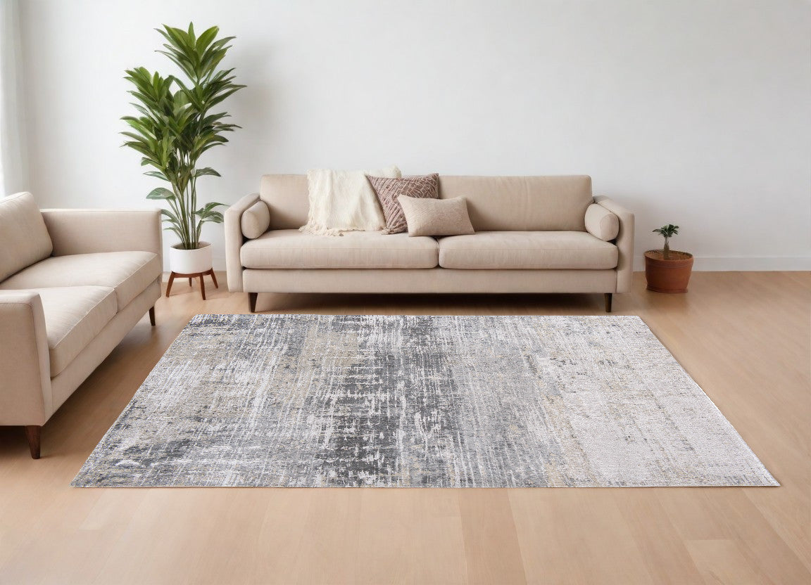 7' x 9' Gray and White Abstract Non Skid Area Rug