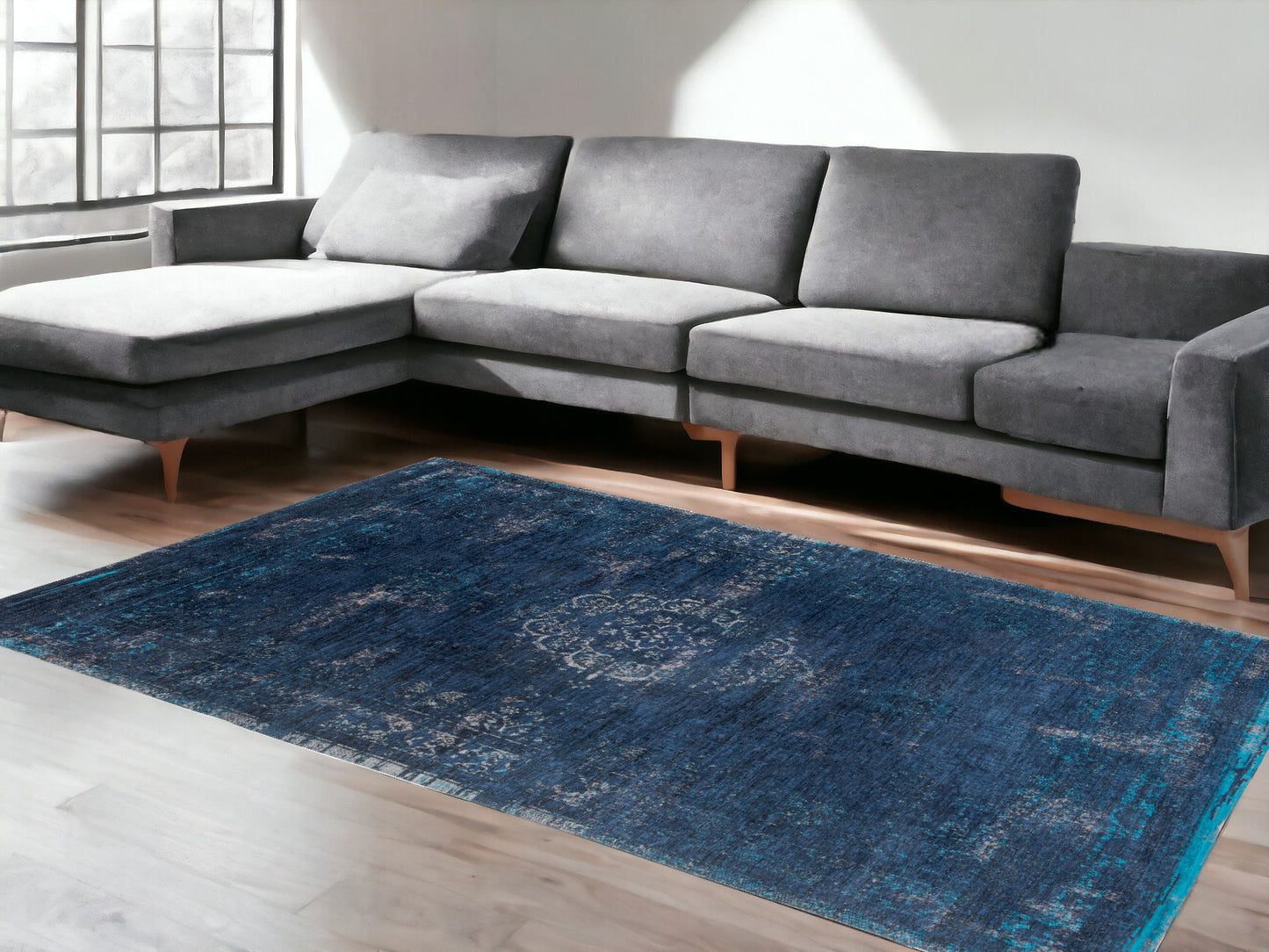 7' x 9' Blue and Gray Medallion Non Skid Area Rug