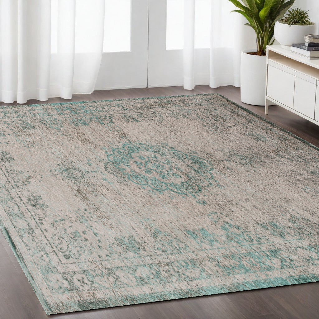 5' x 7' Gray and Green Medallion Non Skid Area Rug