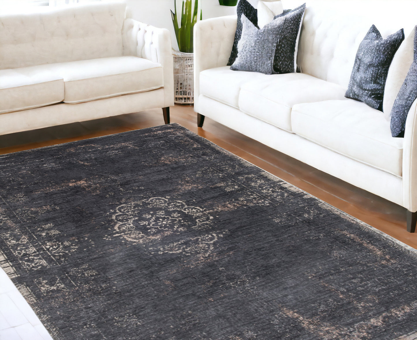 8' x 11' Gray and Black Medallion Non Skid Area Rug