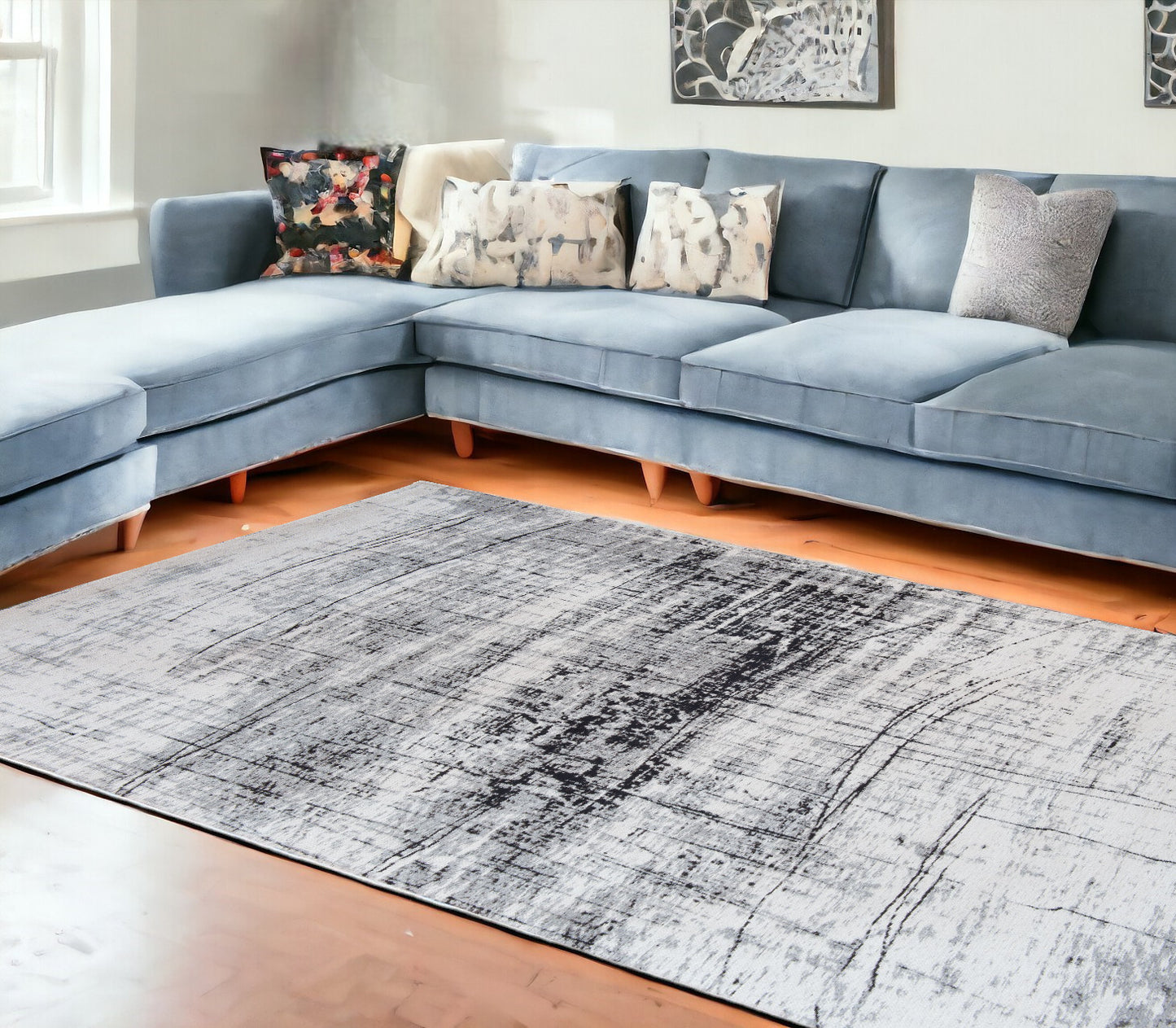 7' x 9' Black and White Abstract Non Skid Area Rug