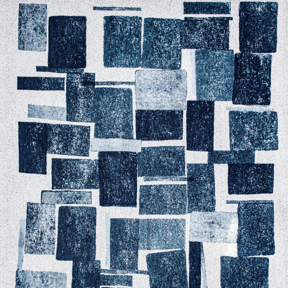 9' X 13' Blue and White Geometric Non Skid Area Rug