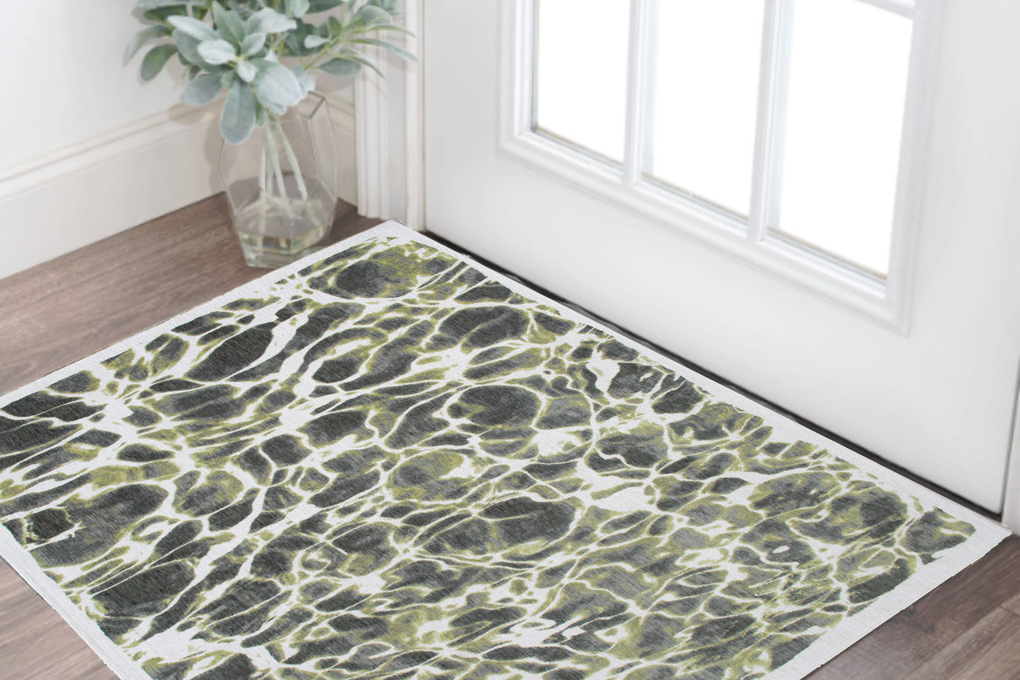 3' X 5' Green and White Abstract Non Skid Area Rug