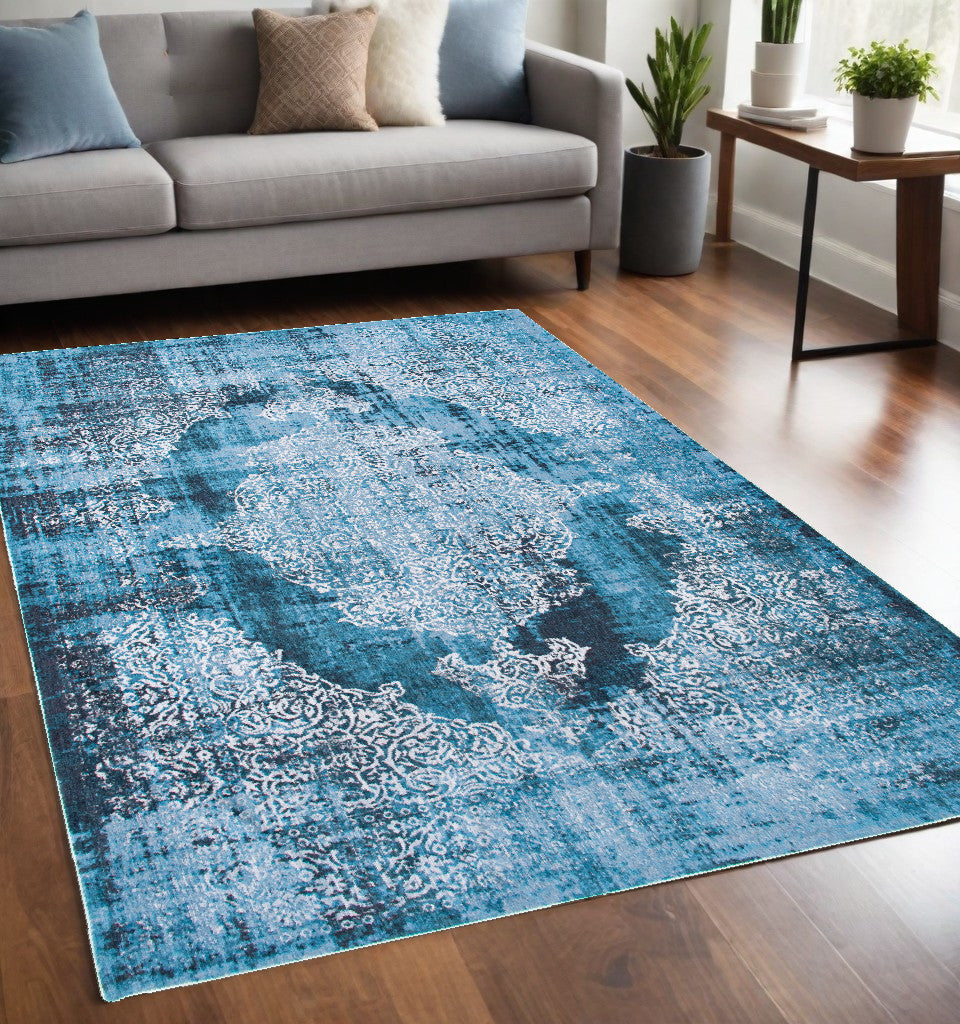 5' x 7' Blue and White Oriental Non Skid Area Rug