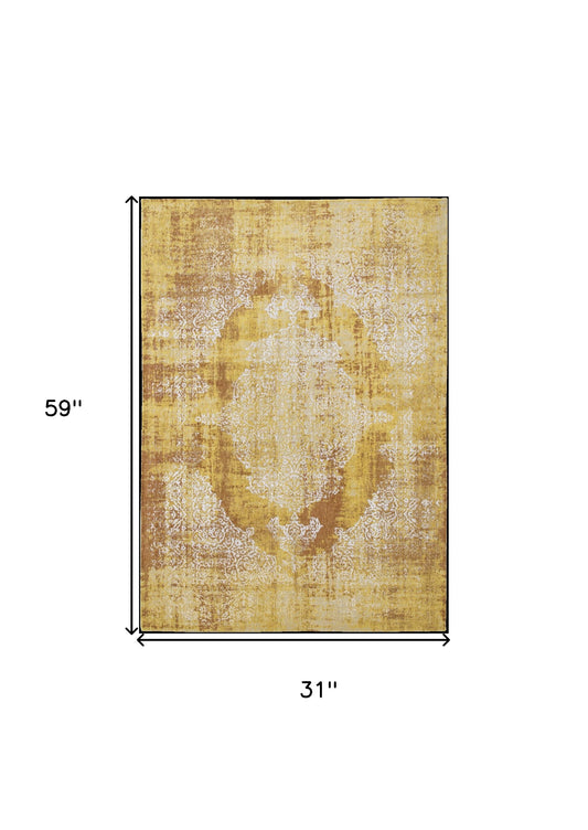 3' X 5' Yellow and Brown Oriental Non Skid Area Rug