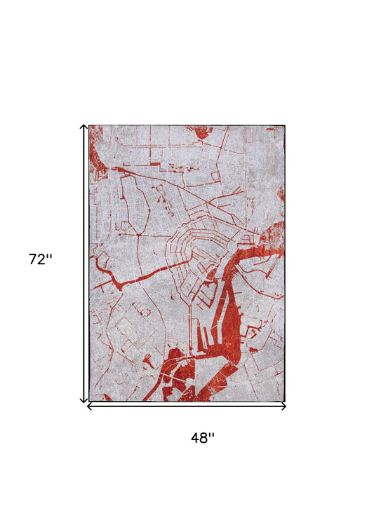 5' x 7' Red and White Abstract Non Skid Area Rug