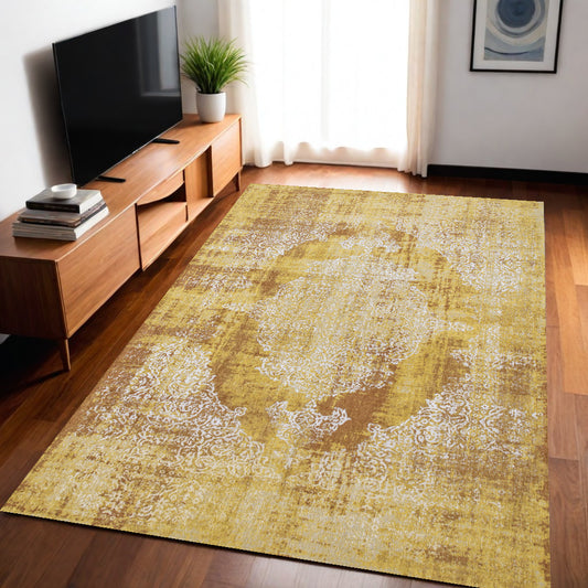 5' x 7' Yellow and Brown Oriental Non Skid Area Rug