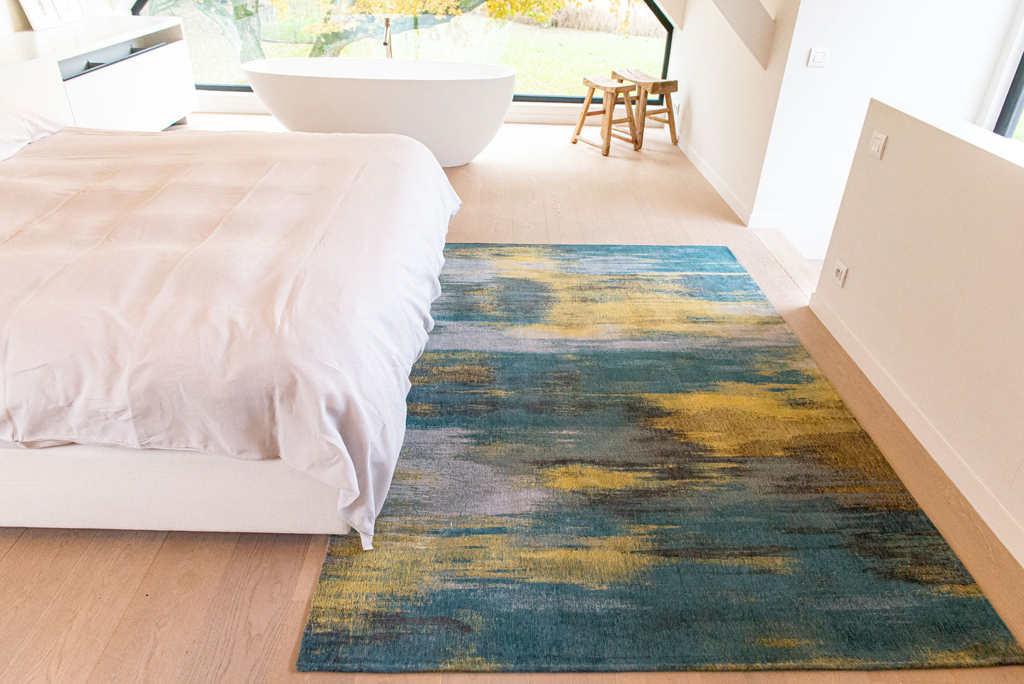 9' X 13' Blue and Yellow Abstract Non Skid Area Rug