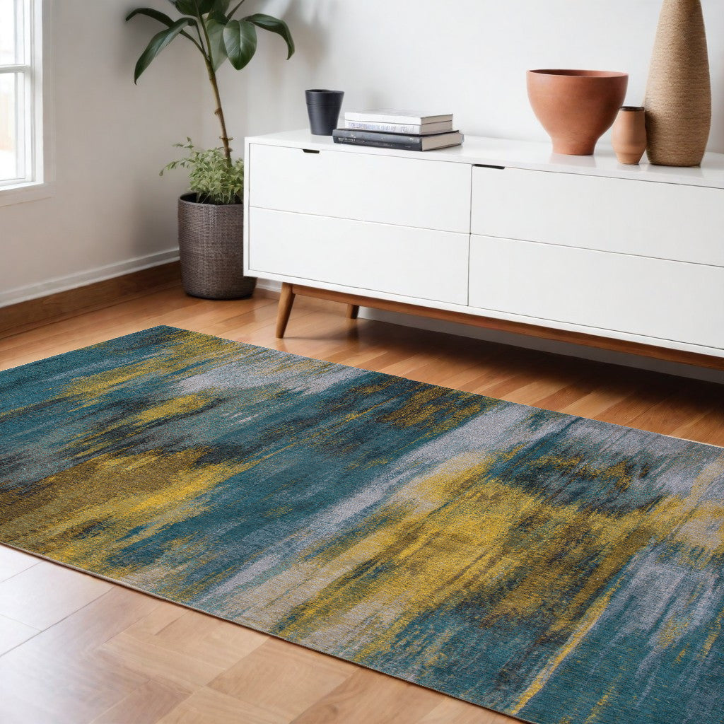 9' X 13' Blue and Yellow Abstract Non Skid Area Rug