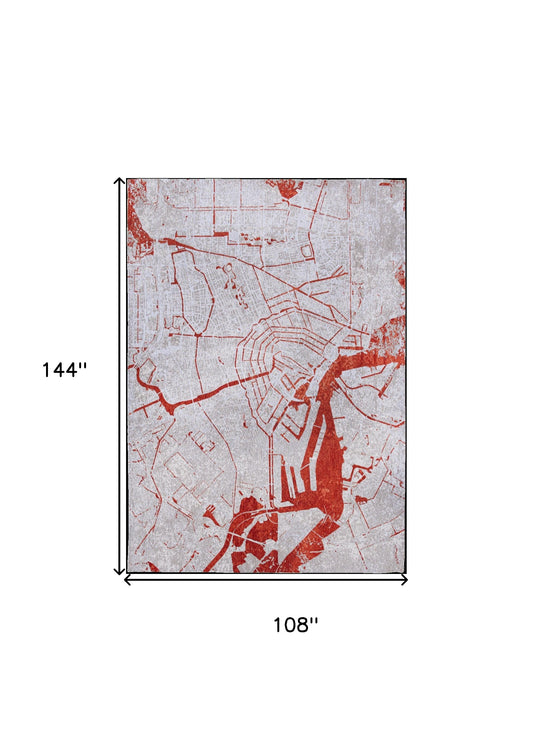 9' X 13' Red and White Abstract Non Skid Area Rug