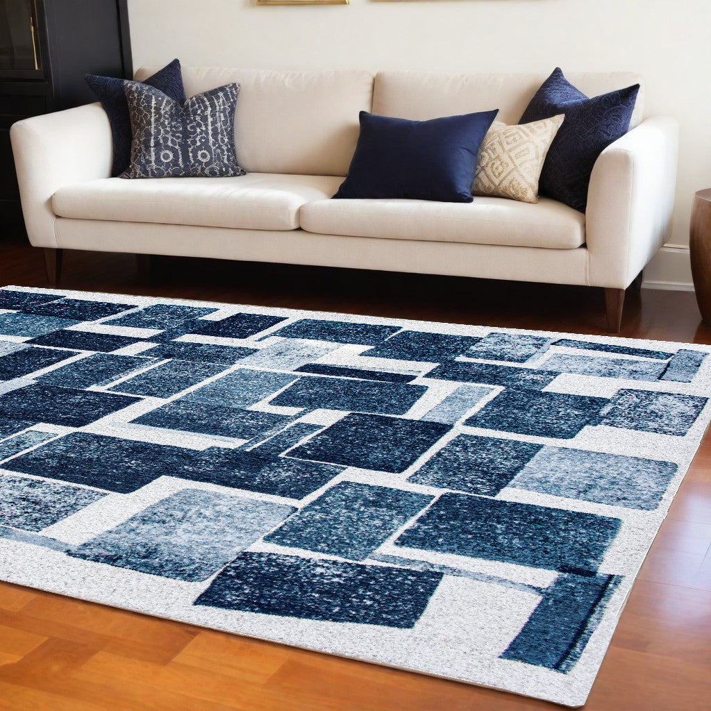 8' x 11' Blue and White Geometric Non Skid Area Rug