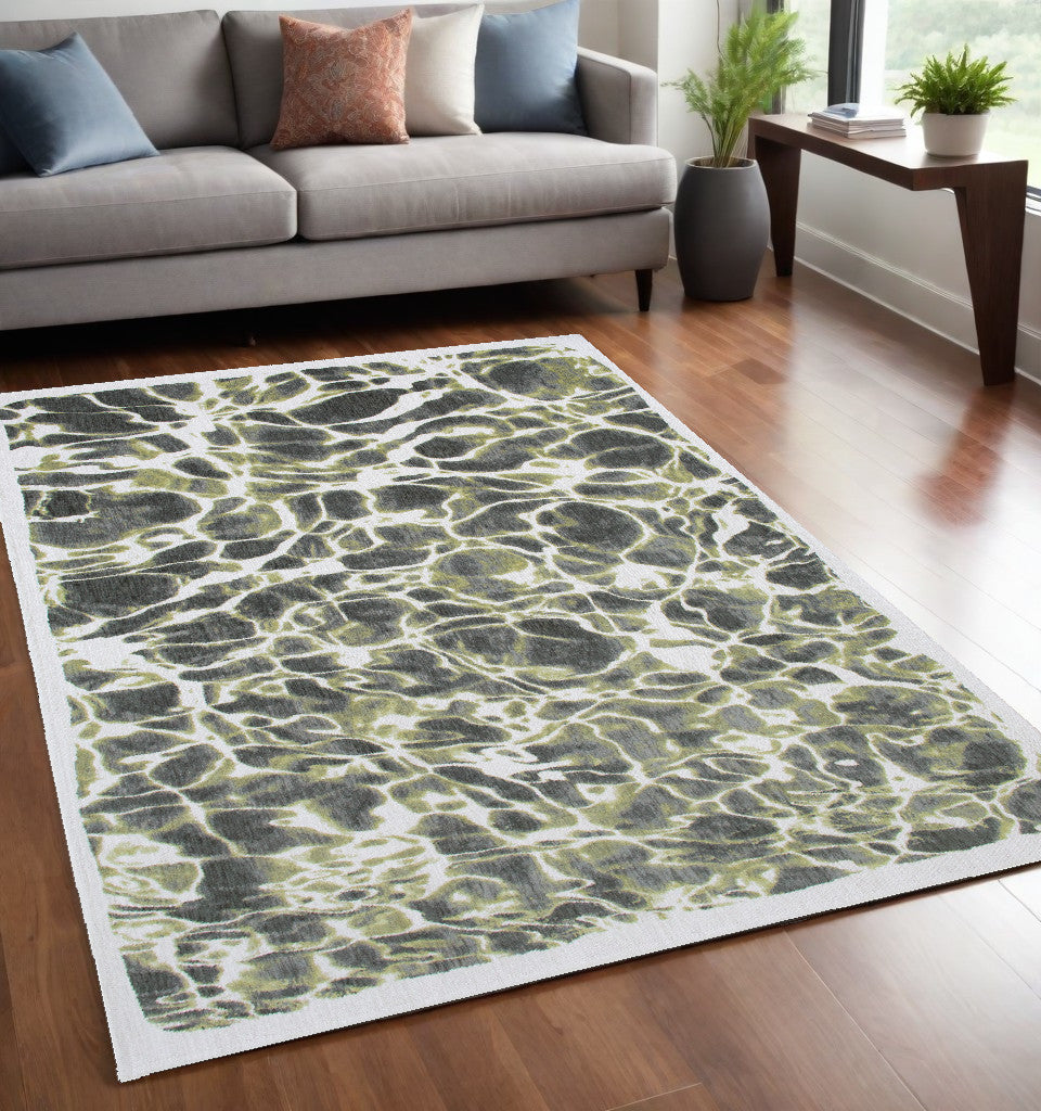 5' x 7' Green and White Abstract Non Skid Area Rug