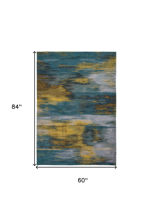 6' X 8' Blue and Yellow Abstract Non Skid Area Rug