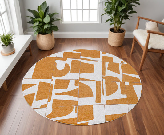 8' Yellow and White Round Geometric Non Skid Area Rug