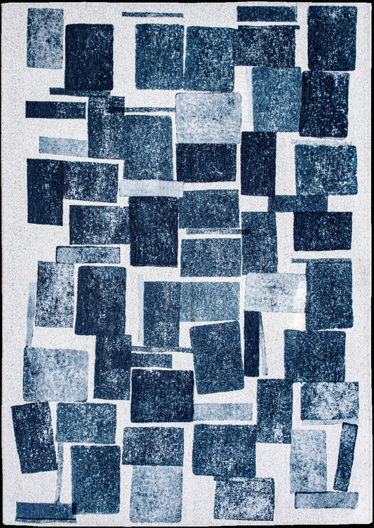 7' x 9' Blue and White Geometric Non Skid Area Rug