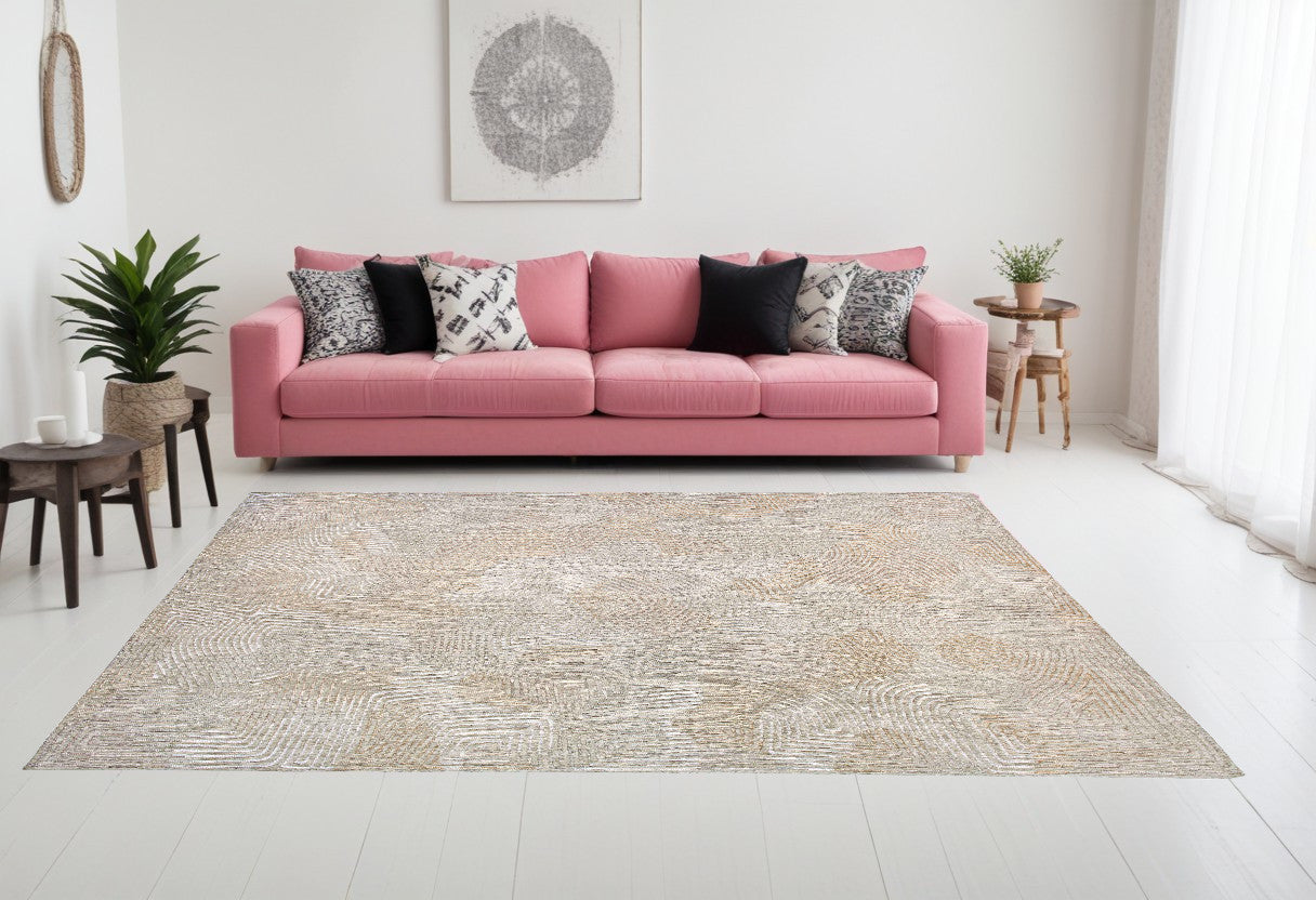 7' x 9' Beige and White Abstract Non Skid Area Rug