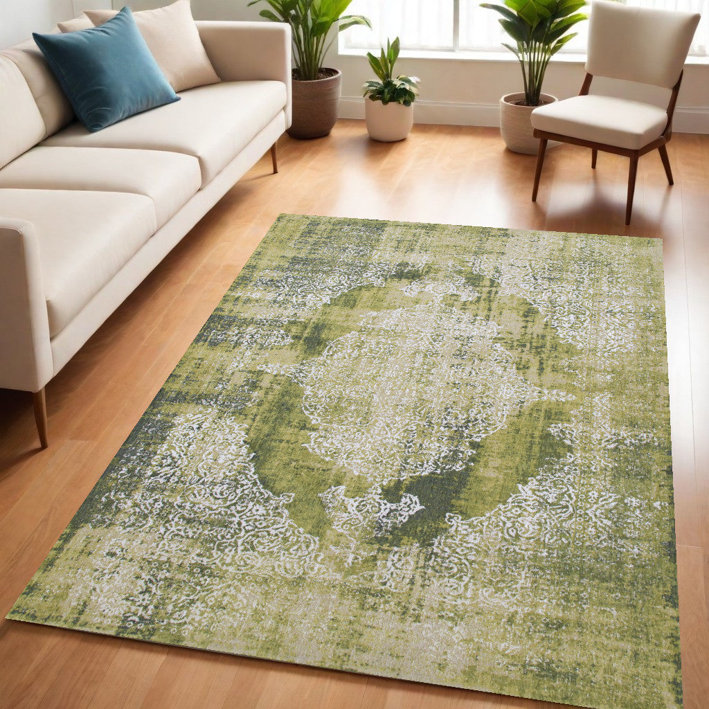 5' x 7' Green and White Oriental Non Skid Area Rug