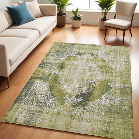 5' x 7' Green and White Oriental Non Skid Area Rug