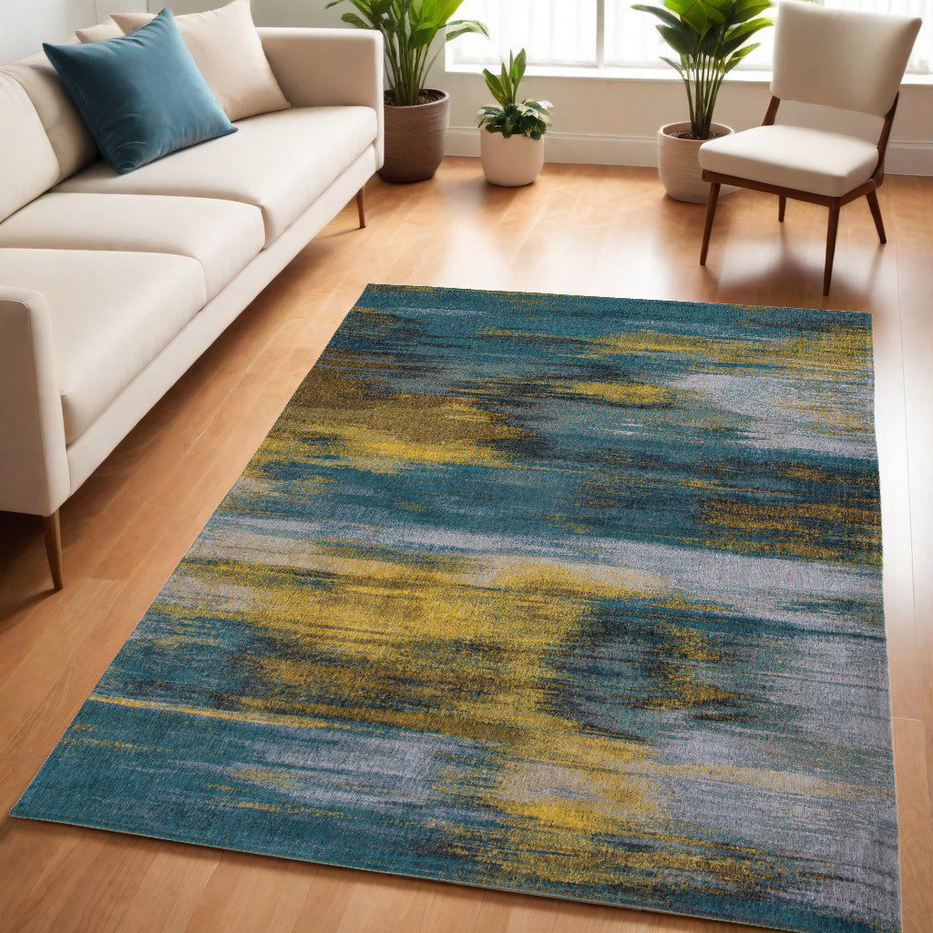 5' x 7' Blue and Yellow Abstract Non Skid Area Rug