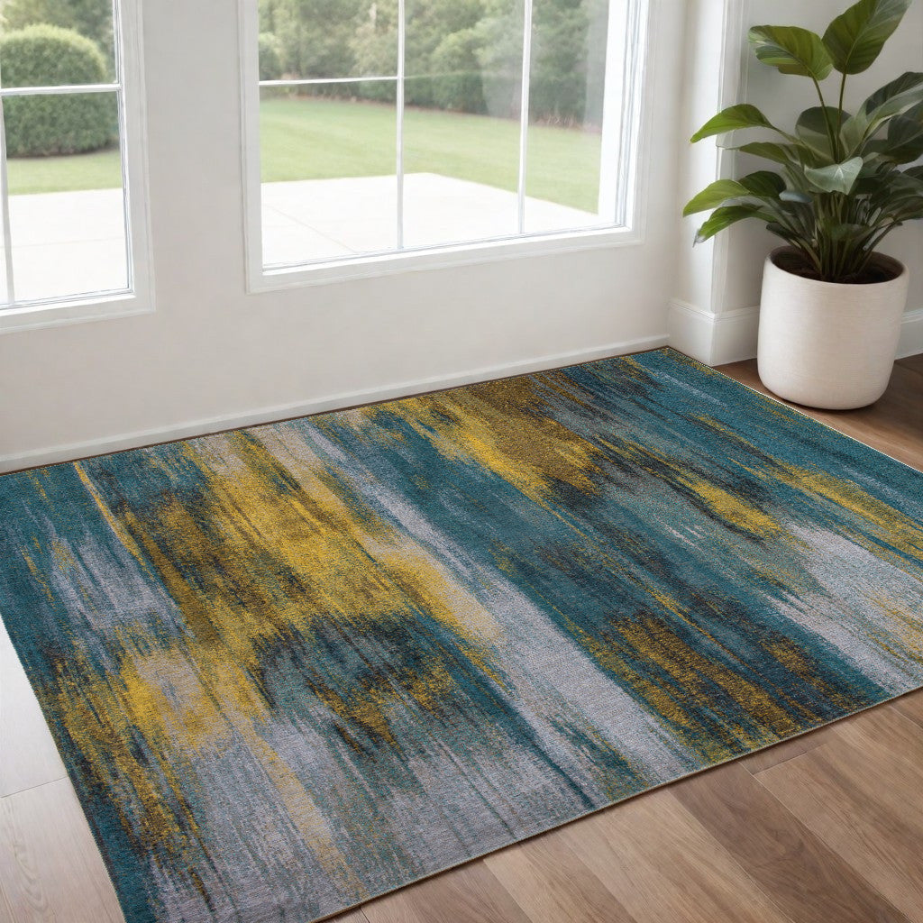 3' X 5' Blue and Yellow Abstract Non Skid Area Rug