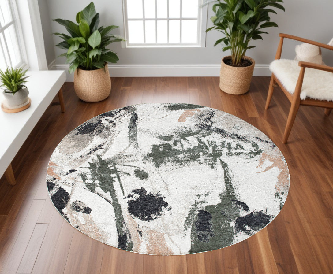 8' Gray and Orange Round Abstract Non Skid Area Rug