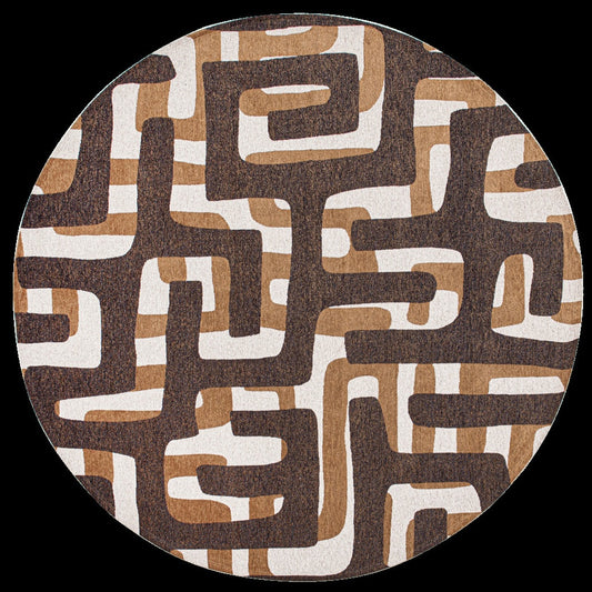 8' Yellow and Brown Round Abstract Non Skid Area Rug