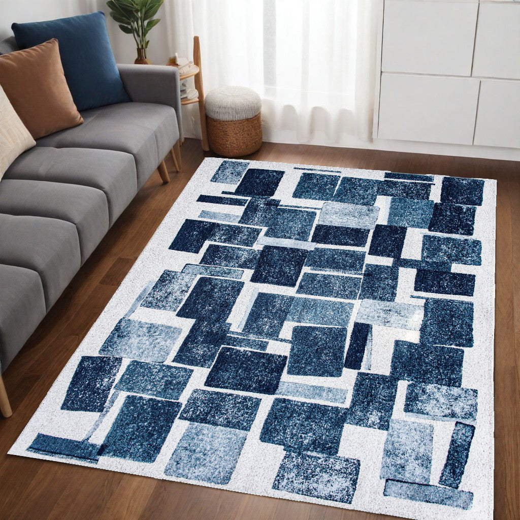 5' x 7' Blue and White Geometric Non Skid Area Rug