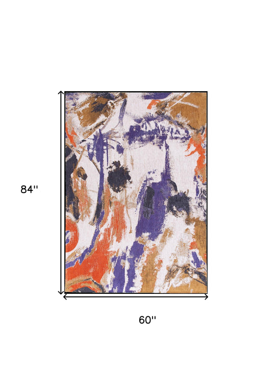 6' X 8' Purple and White Abstract Non Skid Area Rug