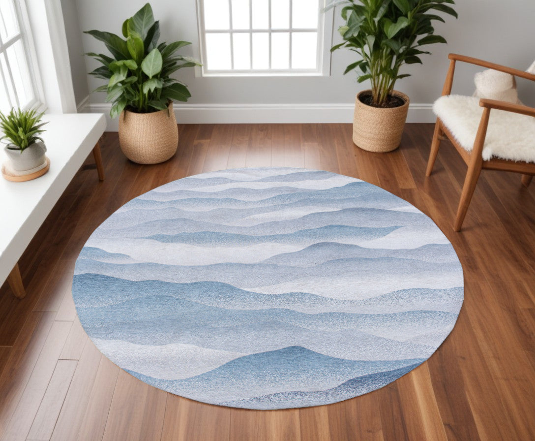 8' Blue and Gray Round Abstract Non Skid Area Rug