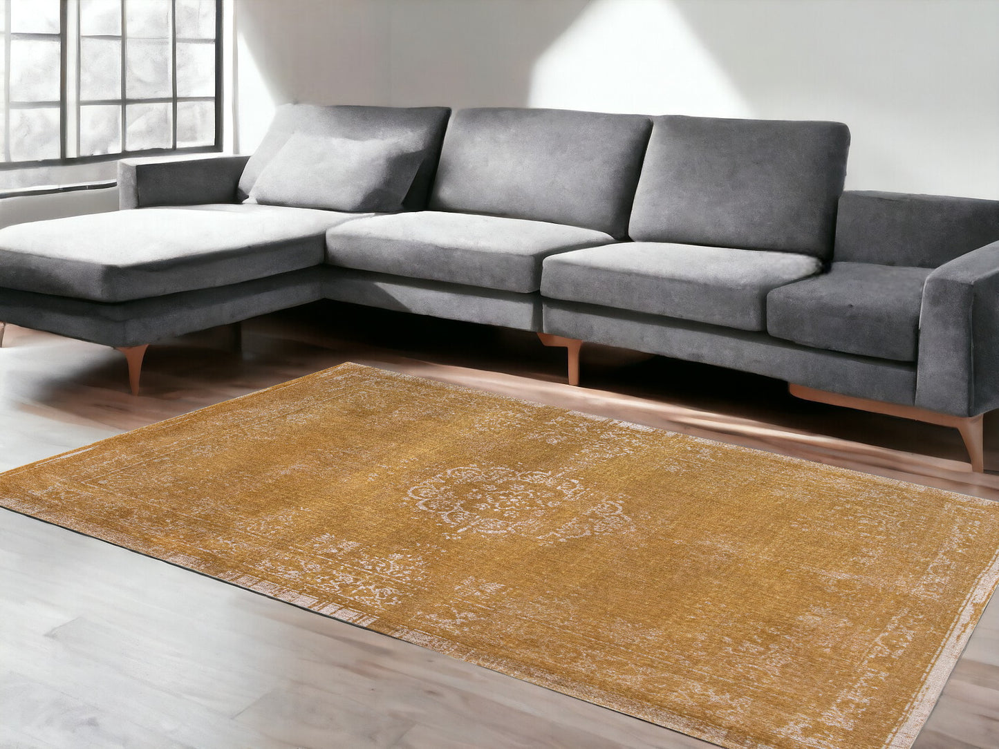 7' x 9' Orange and White Medallion Non Skid Area Rug