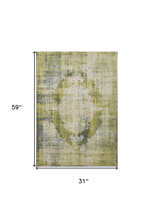 3' X 5' Green and White Oriental Non Skid Area Rug