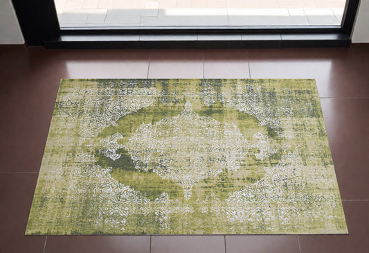 3' X 5' Green and White Oriental Non Skid Area Rug
