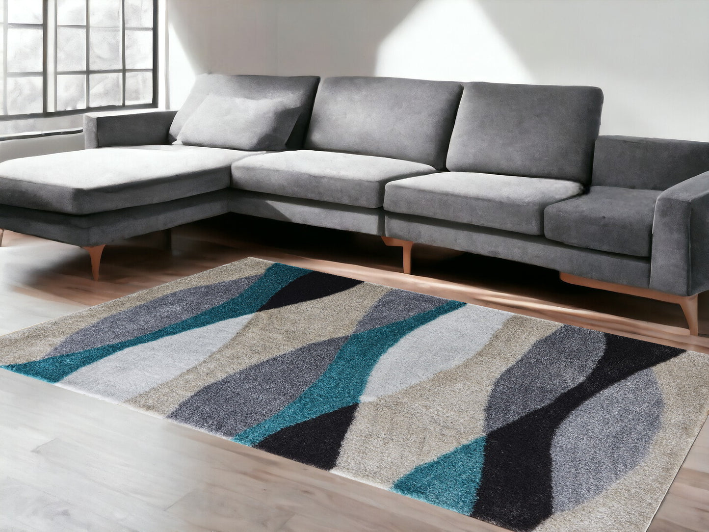 8' x 11' Gray Black and Blue Shag Hand Tufted Area Rug