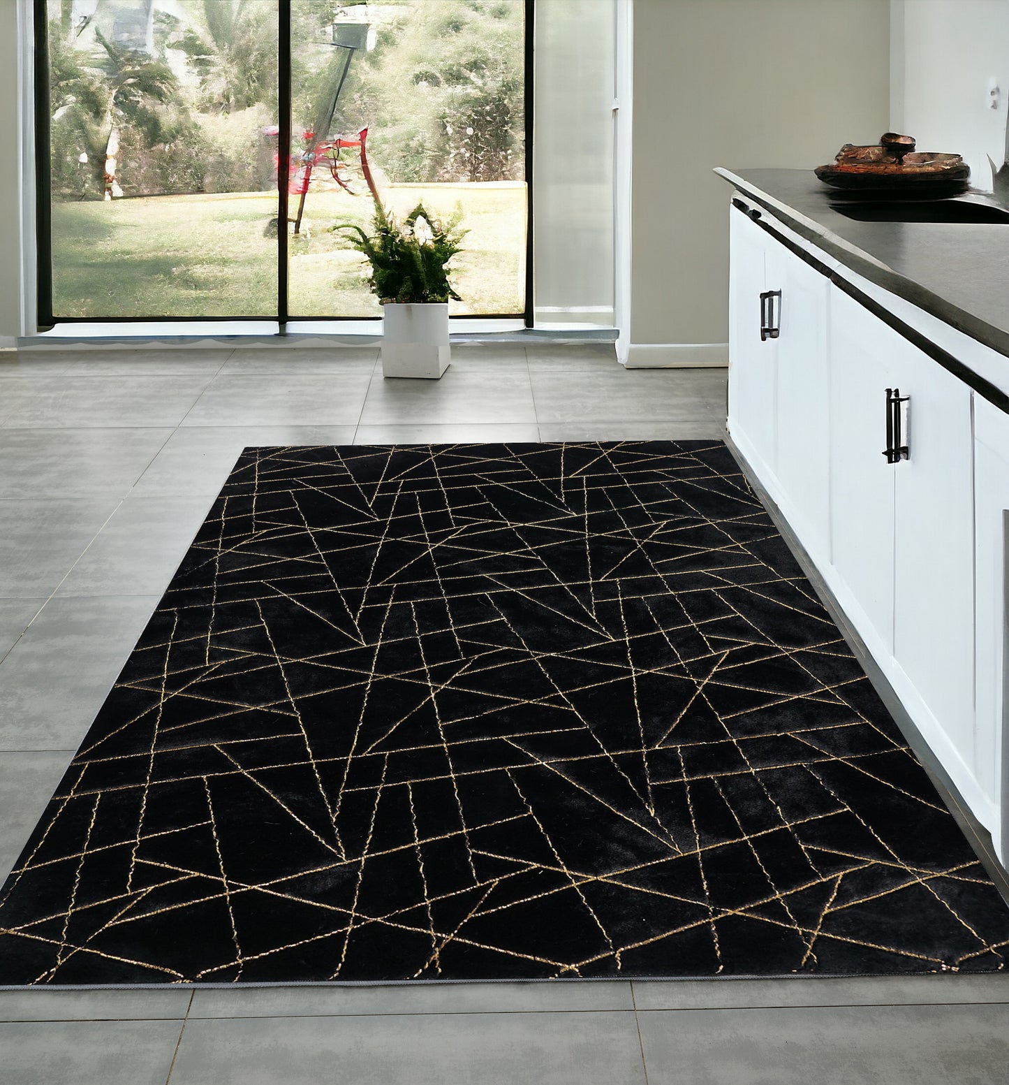 4' x 6' Black and Gold Faux Fur Abstract Shag Non Skid Area Rug