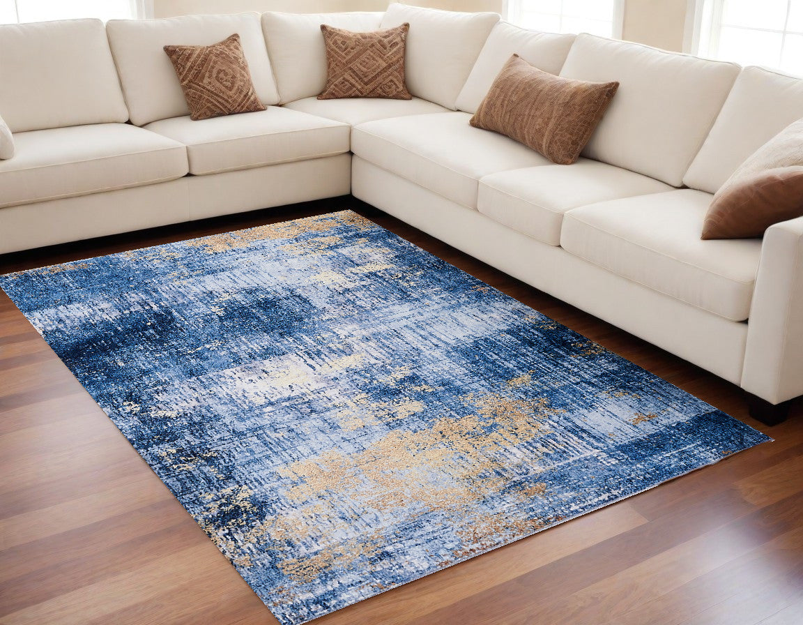 5' x 7' Blue and Gold Abstract Shag Printed Washable Non Skid Area Rug