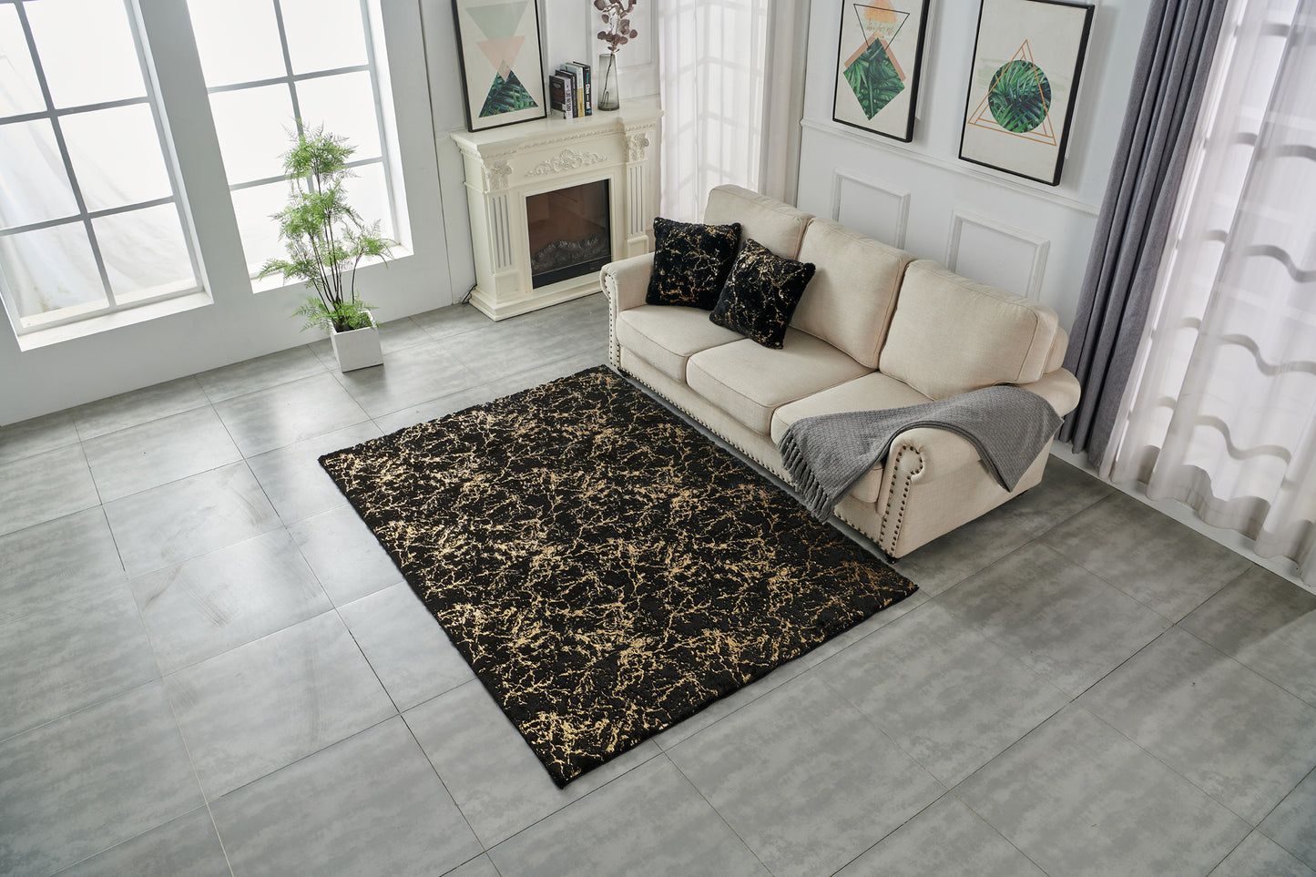 8' x 11' Black and Gold Faux Fur Abstract Shag Non Skid Area Rug