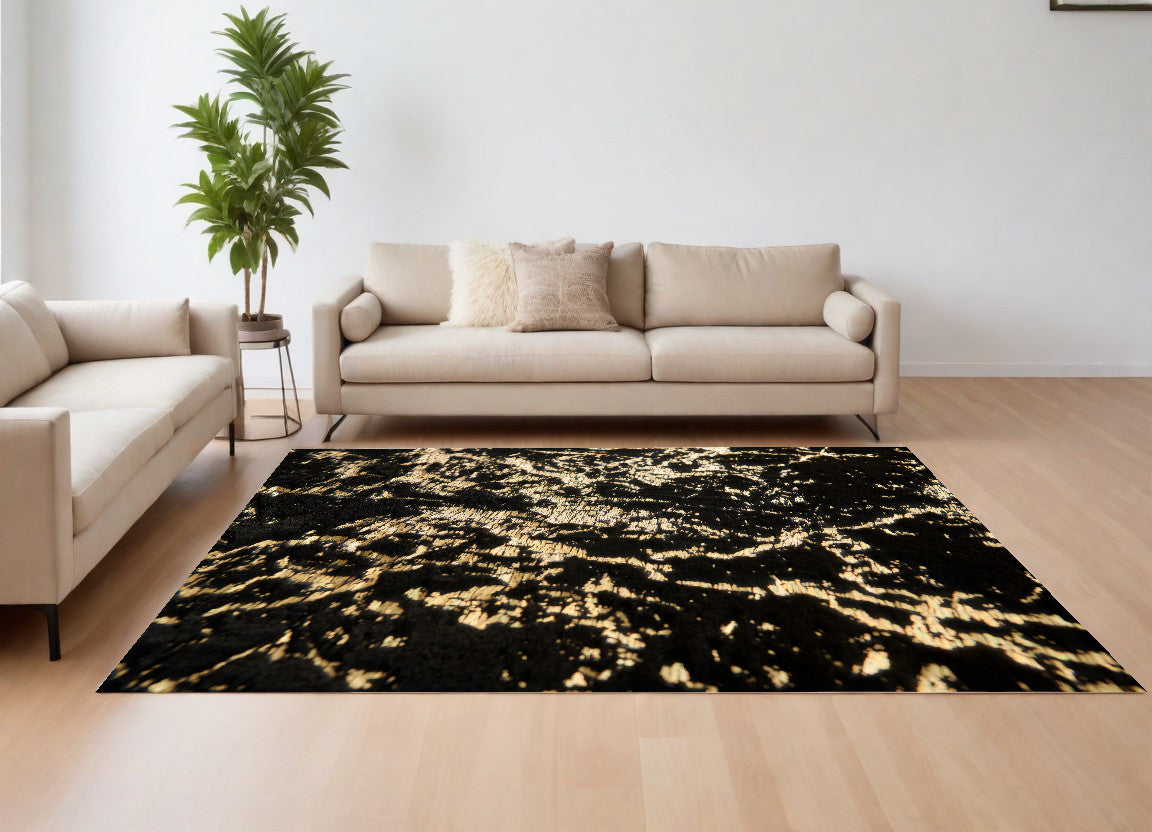 8' x 11' Black and Gold Faux Fur Abstract Shag Non Skid Area Rug