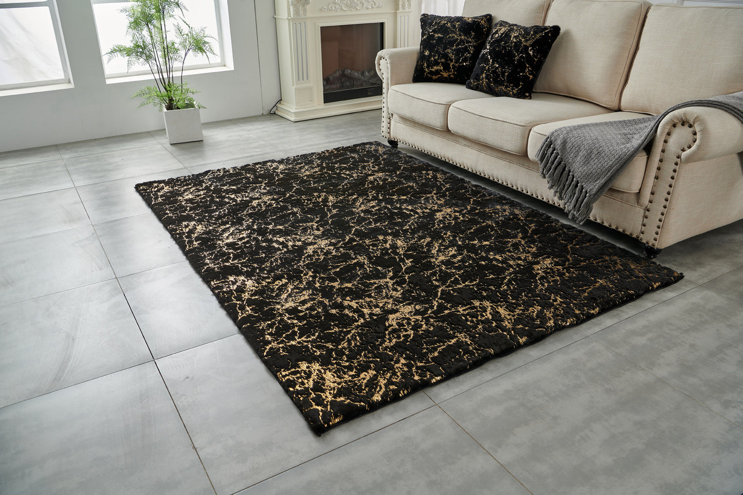 8' x 11' Black and Gold Faux Fur Abstract Shag Non Skid Area Rug