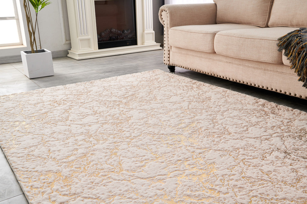 8' x 11' Beige and Gold Faux Fur Abstract Shag Non Skid Area Rug