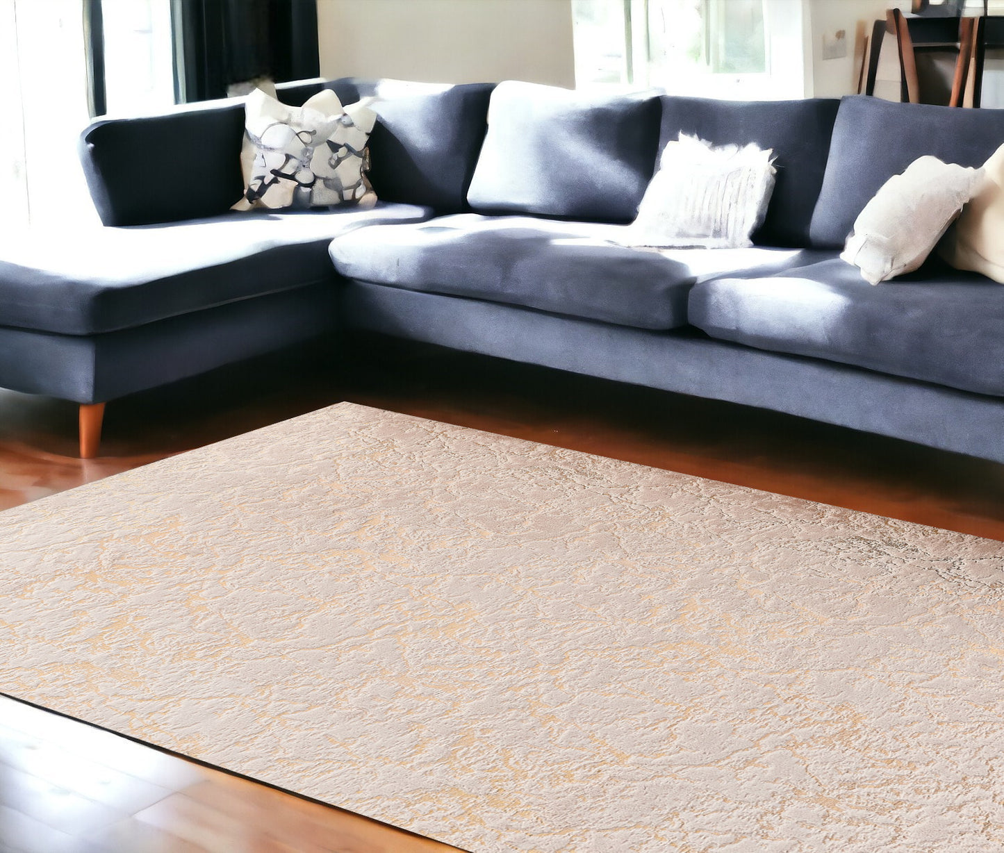 8' x 11' Beige and Gold Faux Fur Abstract Shag Non Skid Area Rug