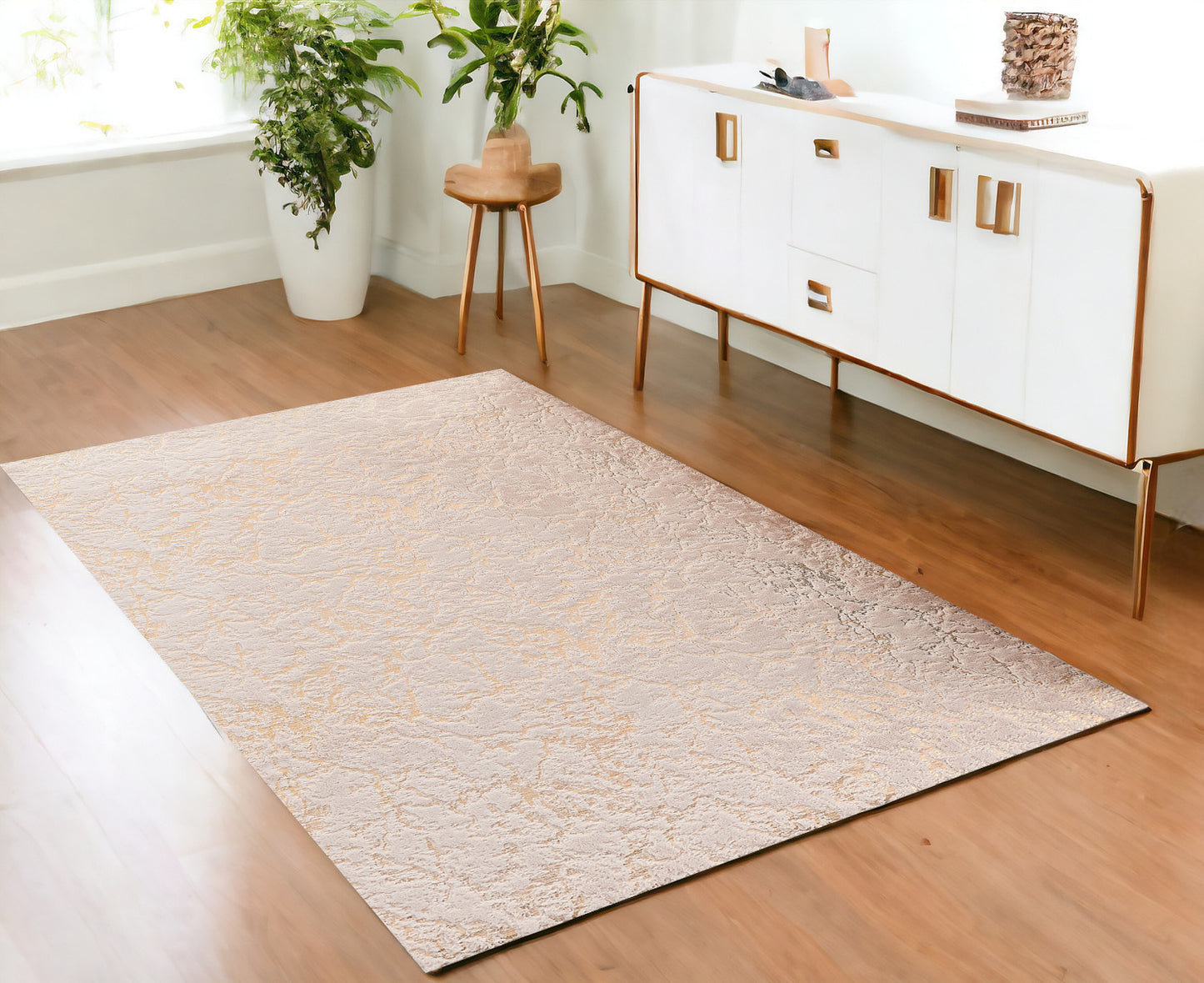 4' x 6' Beige and Gold Faux Fur Abstract Shag Non Skid Area Rug