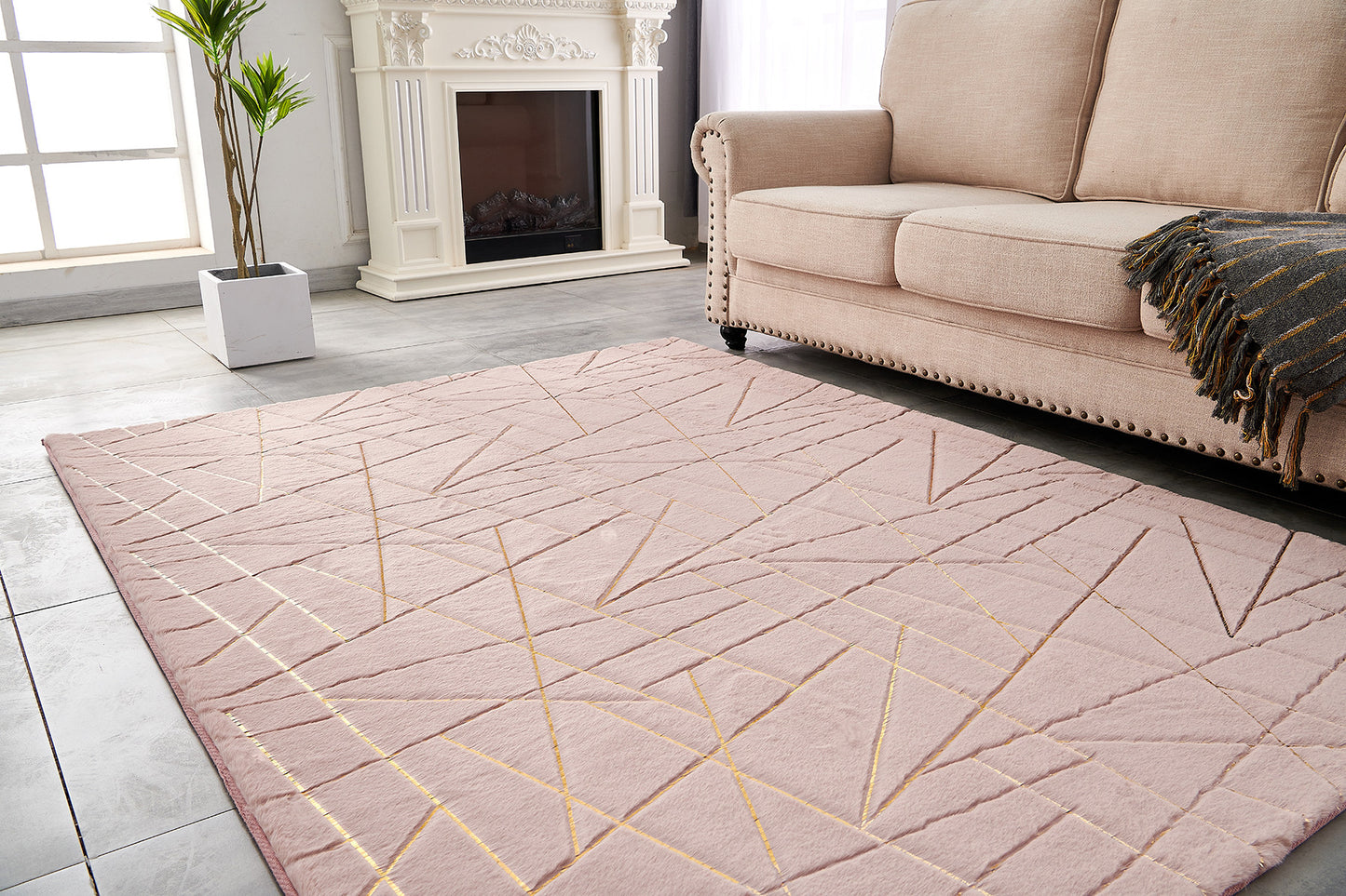 8' x 11' Pink and Gold Faux Fur Abstract Shag Non Skid Area Rug