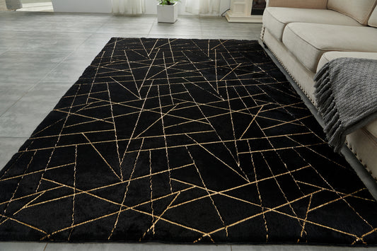6' x 9' Black and Gold Faux Fur Abstract Shag Non Skid Area Rug