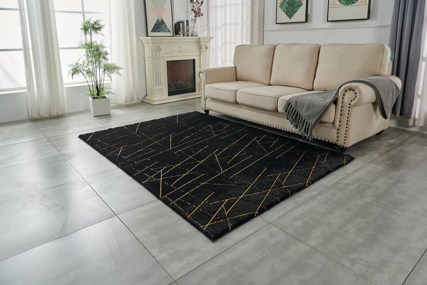 3' X 5' Black and Gold Faux Fur Abstract Shag Non Skid Area Rug