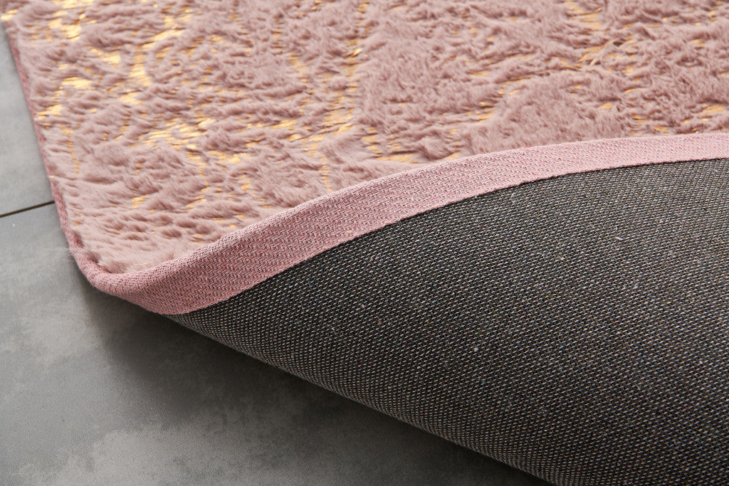 2' x 3' Pink and Gold Faux Fur Abstract Shag Non Skid Area Rug