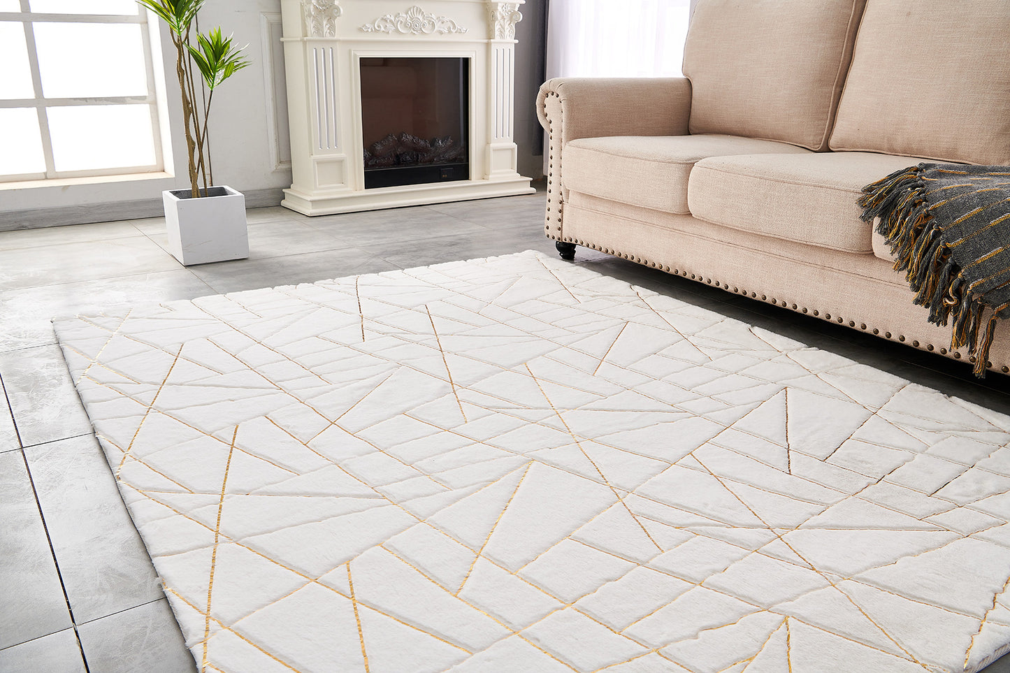 8' x 11' White and Gold Faux Fur Abstract Shag Non Skid Area Rug