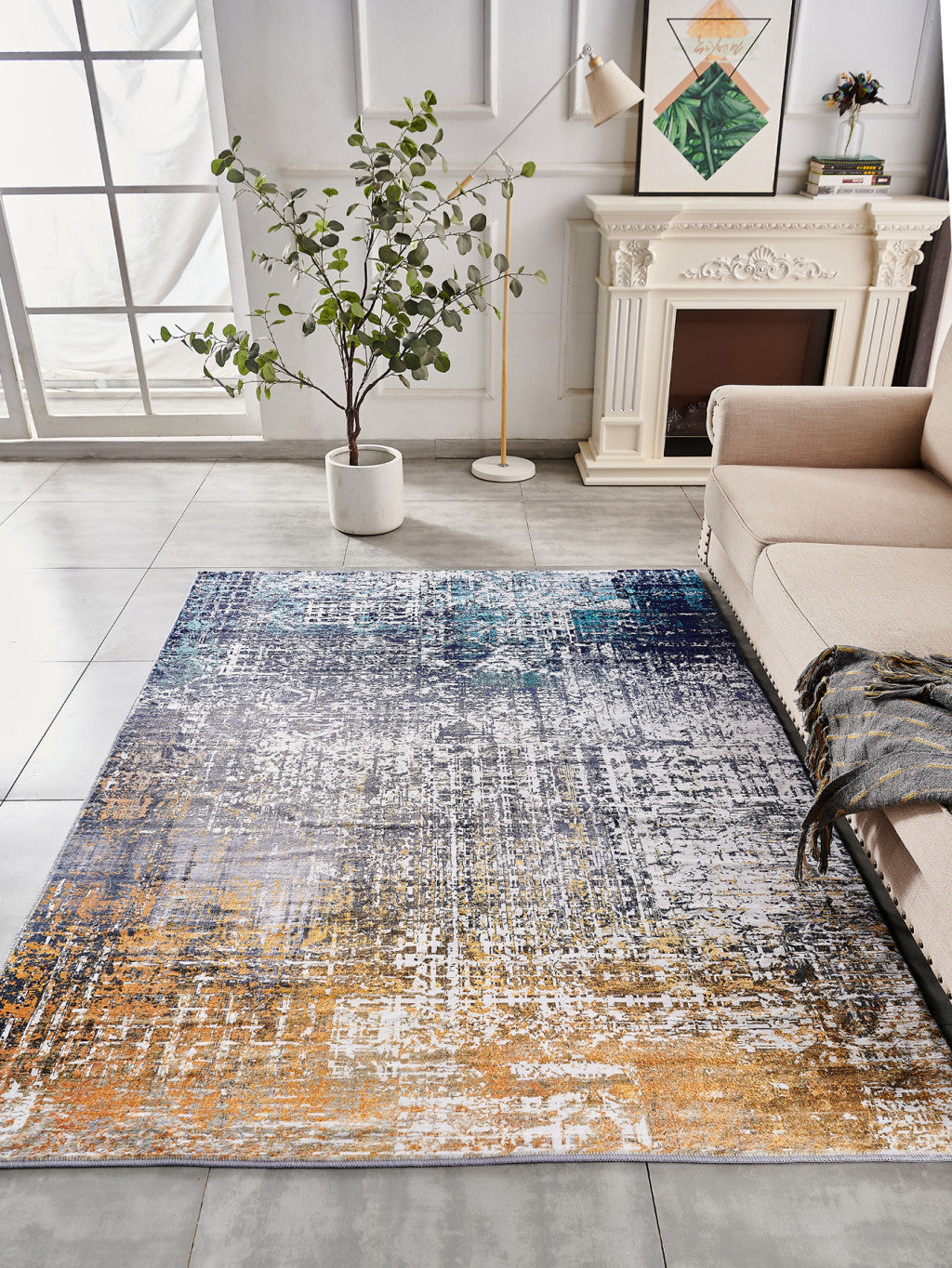 3' X 5' Blue and Silver Abstract Shag Printed Washable Non Skid Area Rug