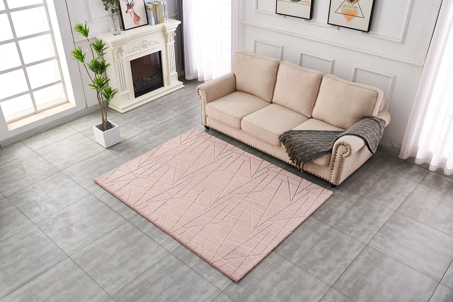 5' x 7' Pink and Gold Faux Fur Abstract Shag Non Skid Area Rug