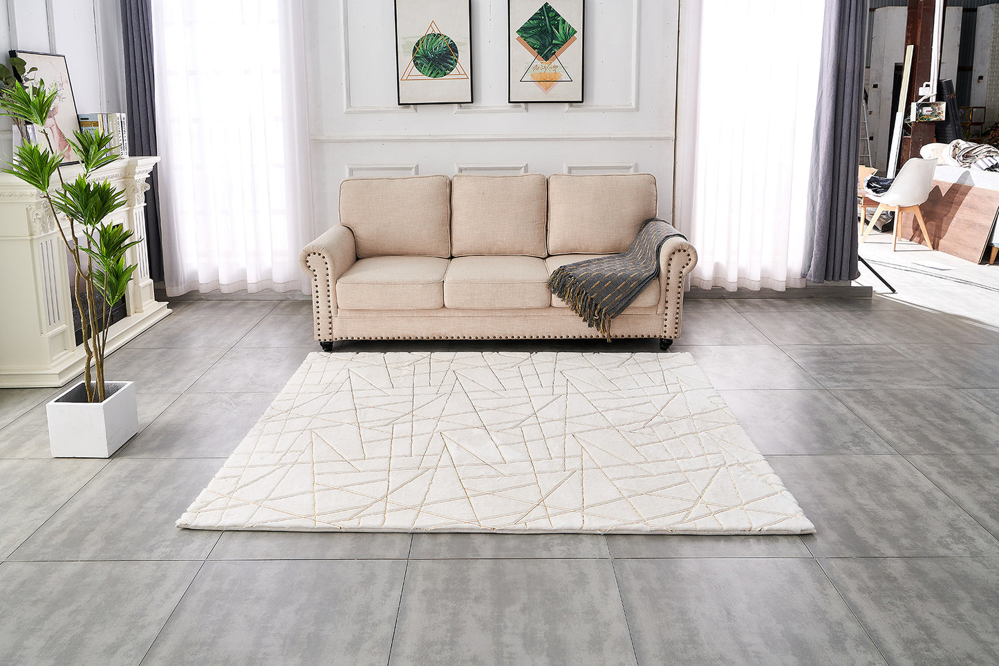 5' x 7' White and Gold Faux Fur Abstract Shag Non Skid Area Rug