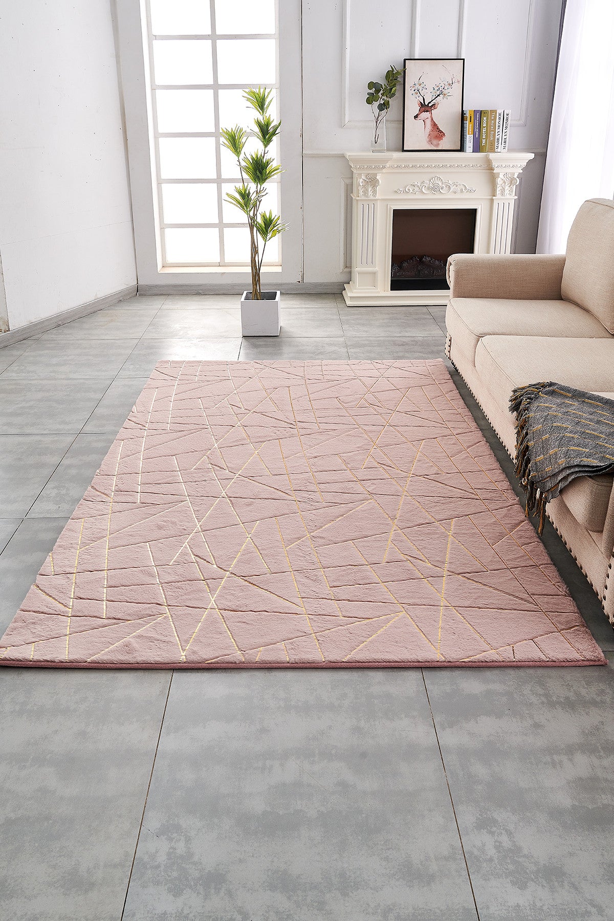 2' x 3' Pink and Gold Faux Fur Abstract Shag Non Skid Area Rug